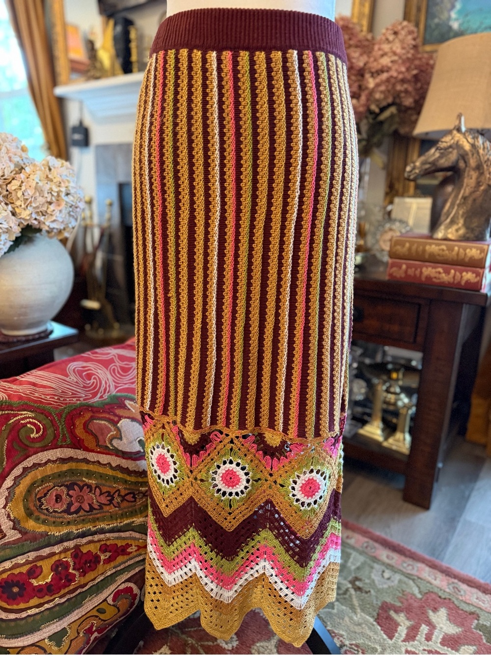 Striped Crochet Hem Knit Midi Skirt – Burgundy & Mustard. Size Large